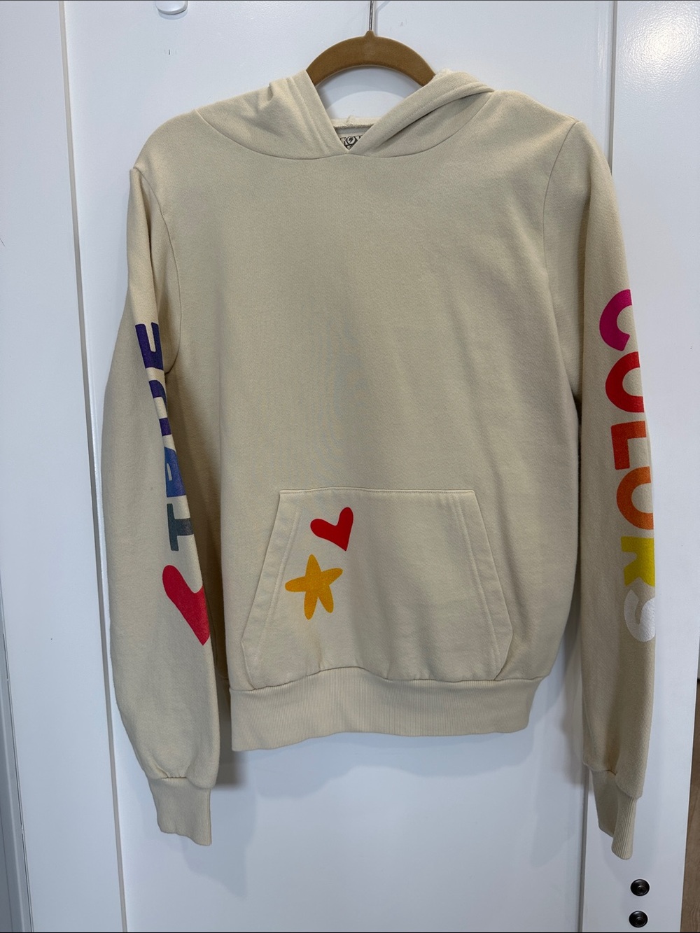 Rowdy Sprout Cream Hoodie with Colorful Sleeve Graphics
